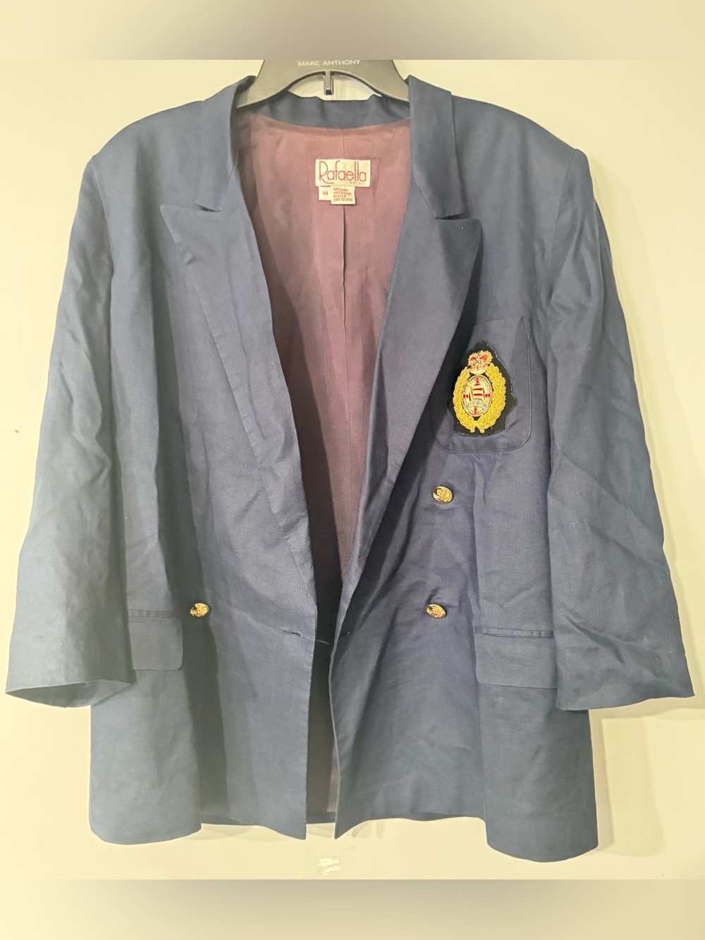 Rafaella Petites Vintage 100% Linen Blue Double-Breasted Crest Blazer Size 14